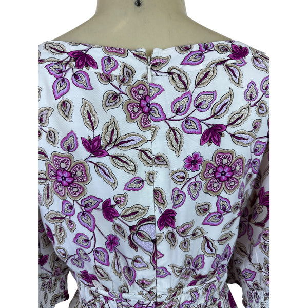 Ann Taylor Women’s Floral White & Purple Midi Dress With Puff Sleeves Sz 8 - New