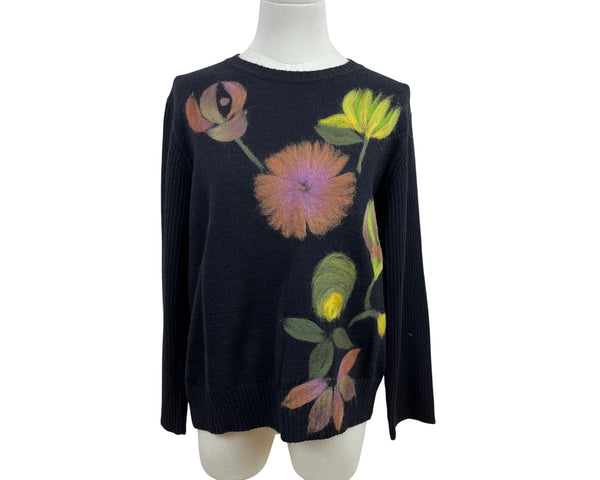 Spanner Womens Black Floral Pattern Sweater Size XL