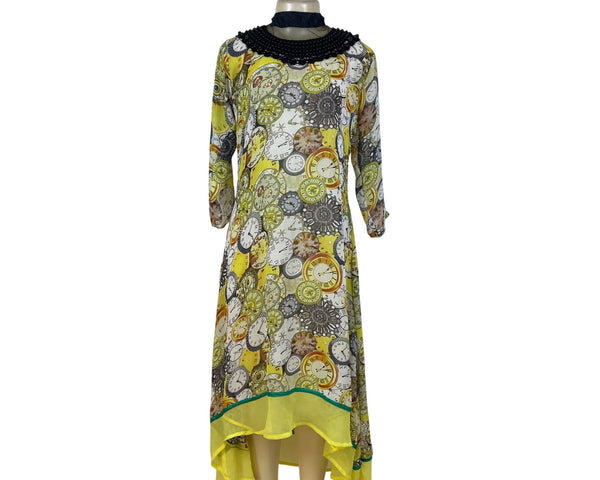Clock Print Womens Yellow Chiffon Dress With Beaded Collar Lace Detail Sz 40