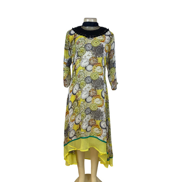 Clock Print Womens Yellow Chiffon Dress With Beaded Collar Lace Detail Sz 40