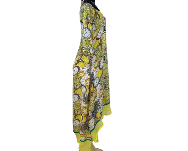 Clock Print Womens Yellow Chiffon Dress With Beaded Collar Lace Detail Sz 40
