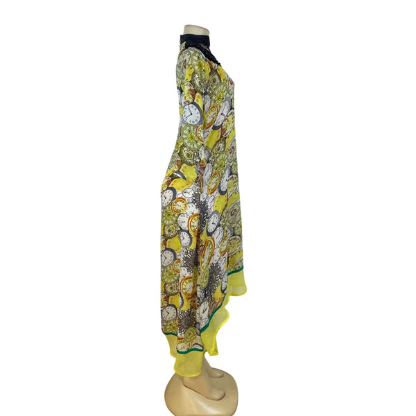 Clock Print Womens Yellow Chiffon Dress With Beaded Collar Lace Detail Sz 40