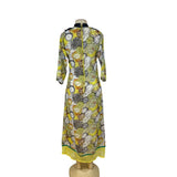 Clock Print Womens Yellow Chiffon Dress With Beaded Collar Lace Detail Sz 40