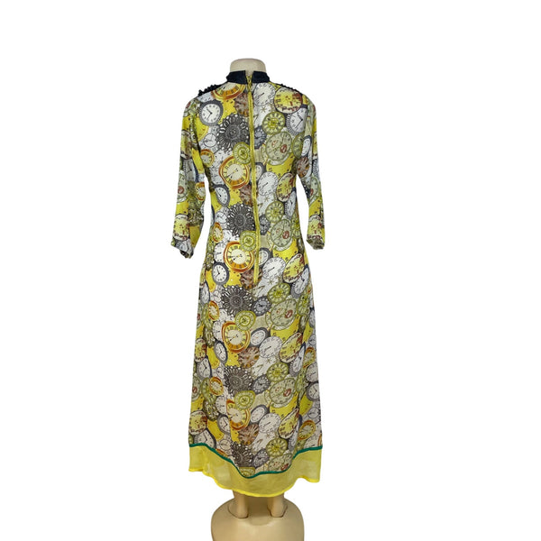 Clock Print Womens Yellow Chiffon Dress With Beaded Collar Lace Detail Sz 40
