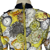 Clock Print Womens Yellow Chiffon Dress With Beaded Collar Lace Detail Sz 40