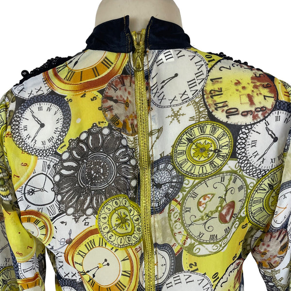 Clock Print Womens Yellow Chiffon Dress With Beaded Collar Lace Detail Sz 40