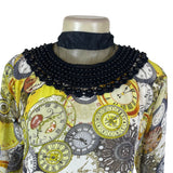Clock Print Womens Yellow Chiffon Dress With Beaded Collar Lace Detail Sz 40