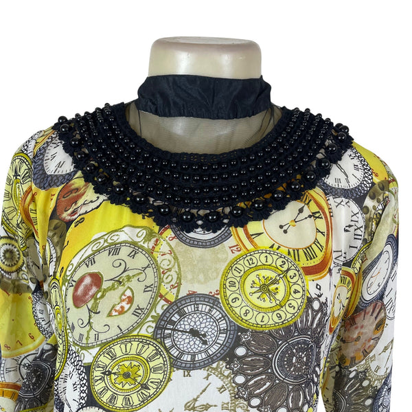 Clock Print Womens Yellow Chiffon Dress With Beaded Collar Lace Detail Sz 40