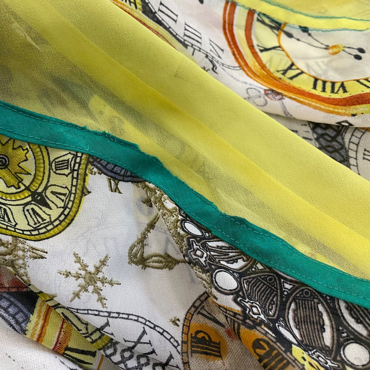 Clock Print Womens Yellow Chiffon Dress With Beaded Collar Lace Detail Sz 40