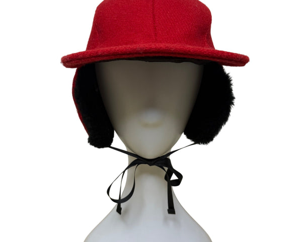 Outdoors Unisex Red & Black Wool Trapper Hat With Faux Fur Ear Flaps OS
