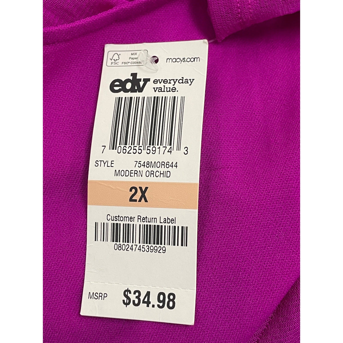 Alfani Woman Modern Orchid 3/4 Sleeve Tiered Nylon Top Size 2X - New