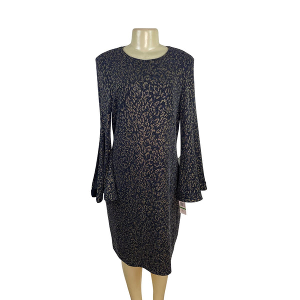 MSK Womens Metallic Knit Bell Sleeve Dress Black/Gold Keyhole Back Sz L - New