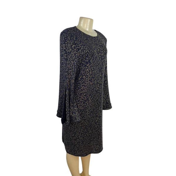 MSK Womens Metallic Knit Bell Sleeve Dress Black/Gold Keyhole Back Sz L - New
