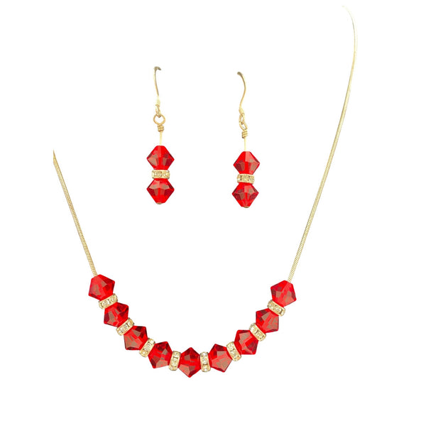 Silver Tone Womens Red Crystal Bead Necklace & Drop Earrings Jewelry Set Elegant