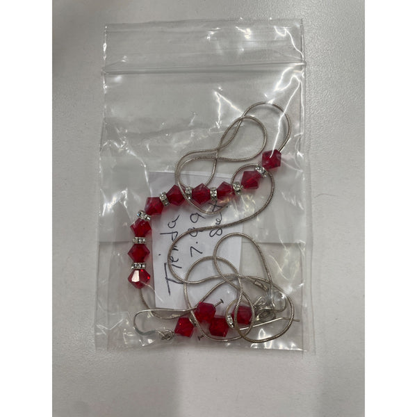 Silver Tone Womens Red Crystal Bead Necklace & Drop Earrings Jewelry Set Elegant
