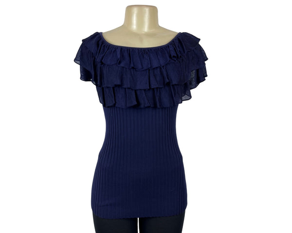 Tracy M. Navy Blue Ruffled Sleeveless and Collar Fitted Shirt Sz M