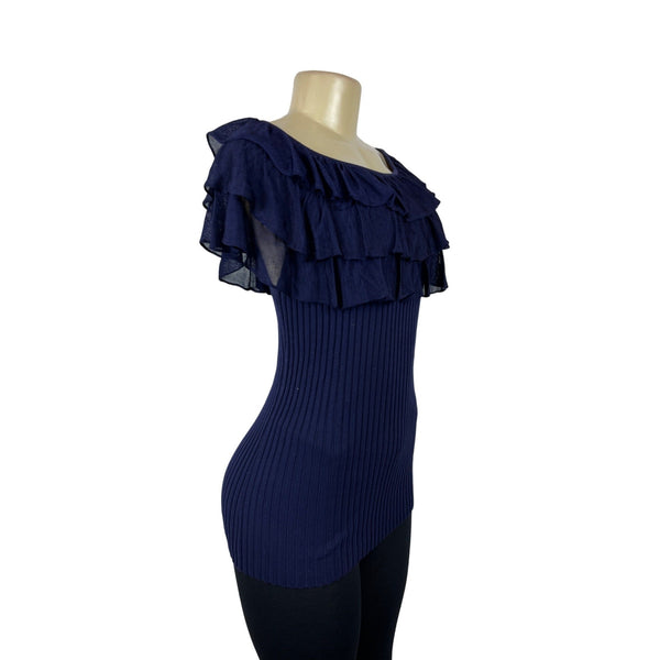 Tracy M. Navy Blue Ruffled Sleeveless and Collar Fitted Shirt Sz M