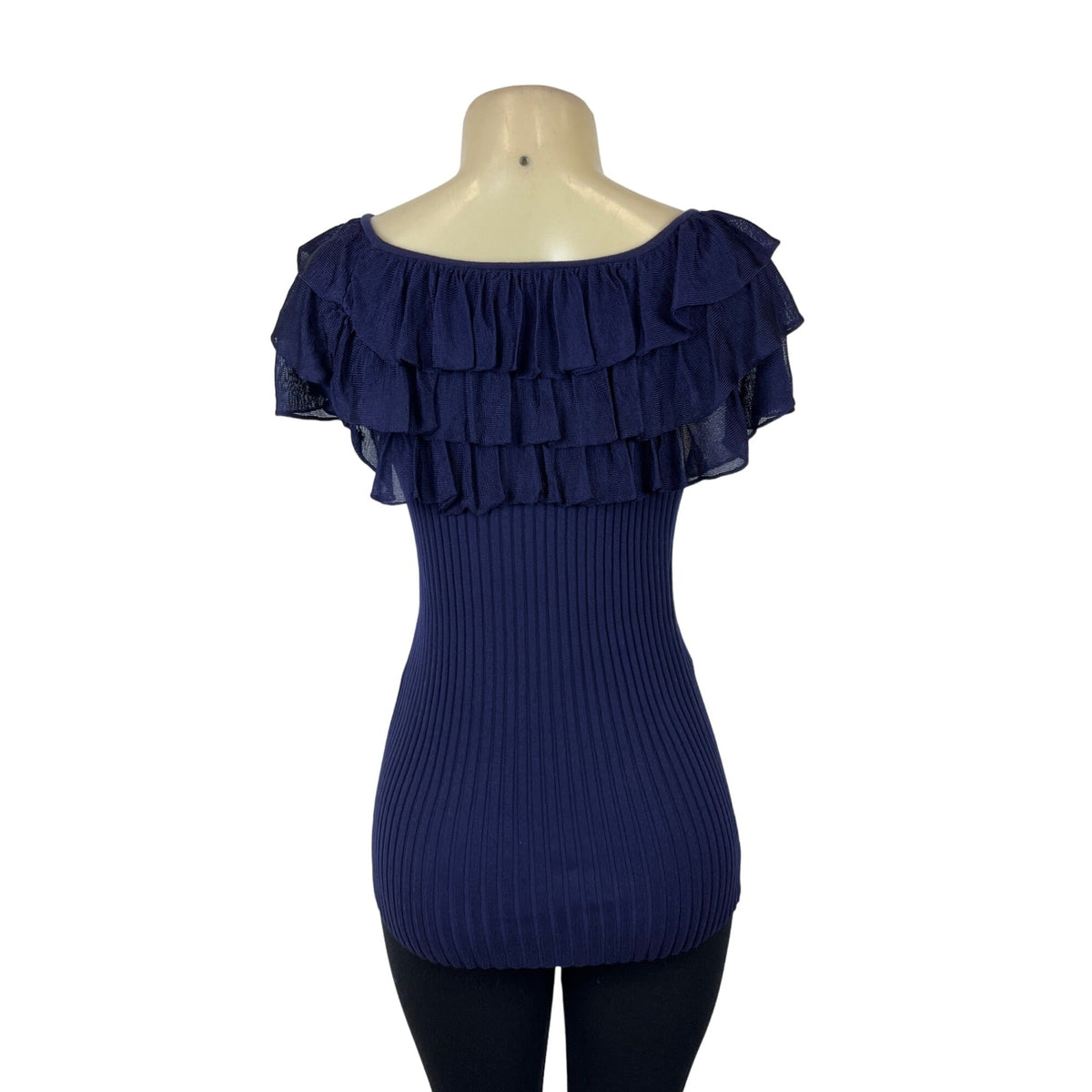 Tracy M. Navy Blue Ruffled Sleeveless and Collar Fitted Shirt Sz M