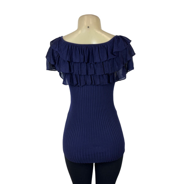 Tracy M. Navy Blue Ruffled Sleeveless and Collar Fitted Shirt Sz M