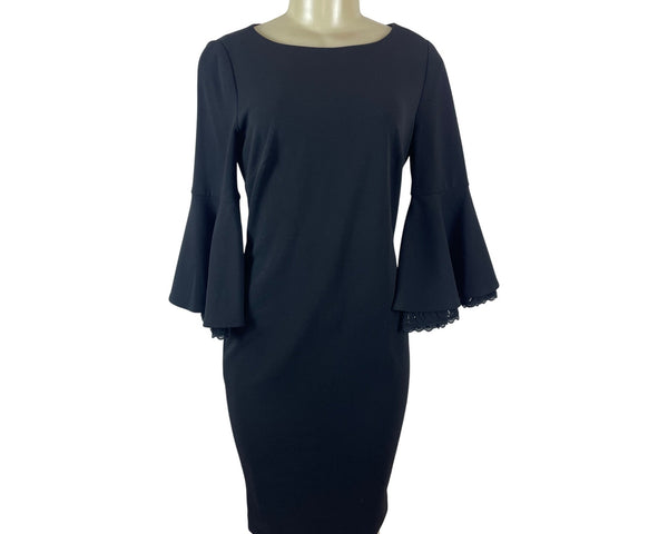 Calvin Klein Black Bell Sleeve Knee-Length Dress With Lace Trim Size 6