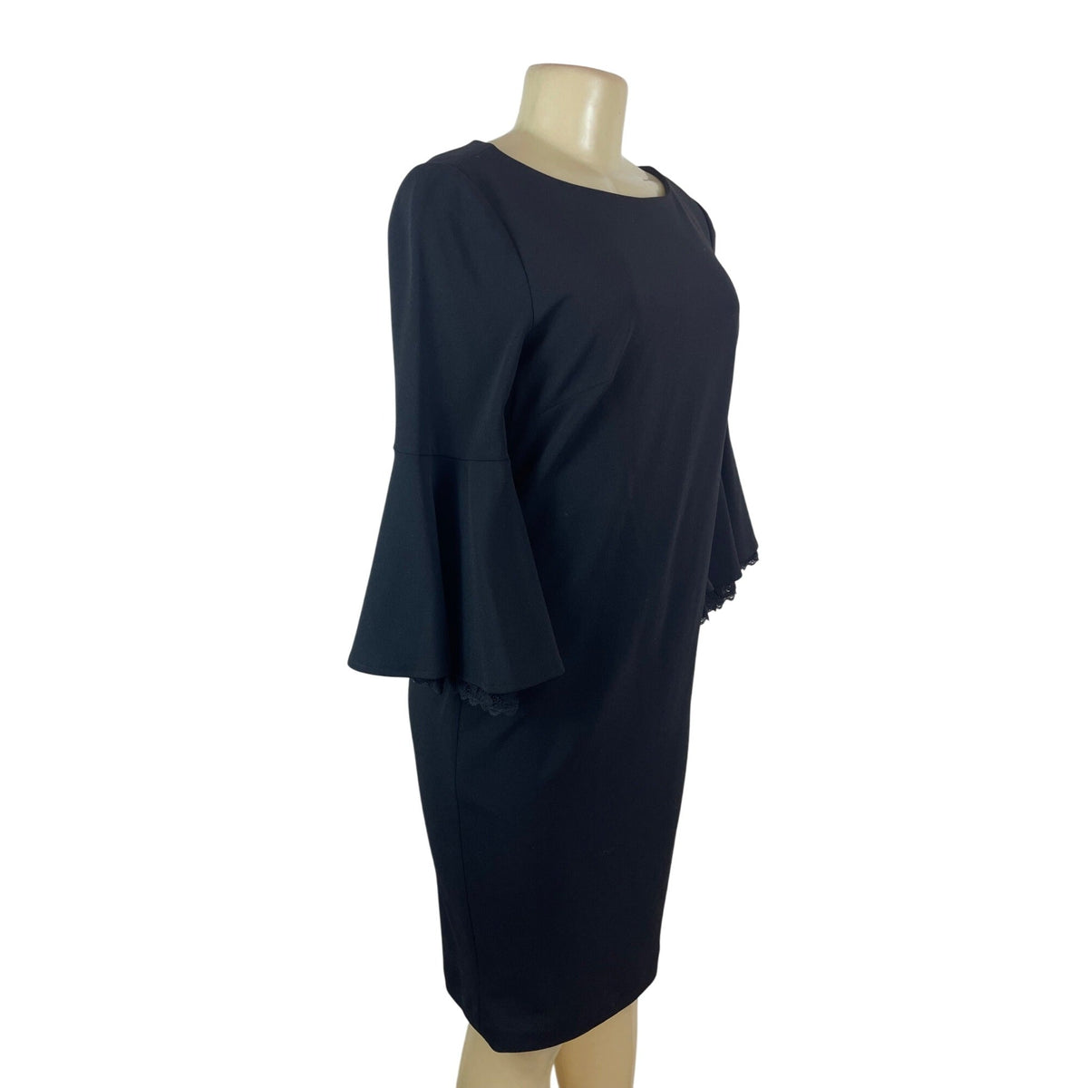 Calvin Klein Black Bell Sleeve Knee-Length Dress With Lace Trim Size 6