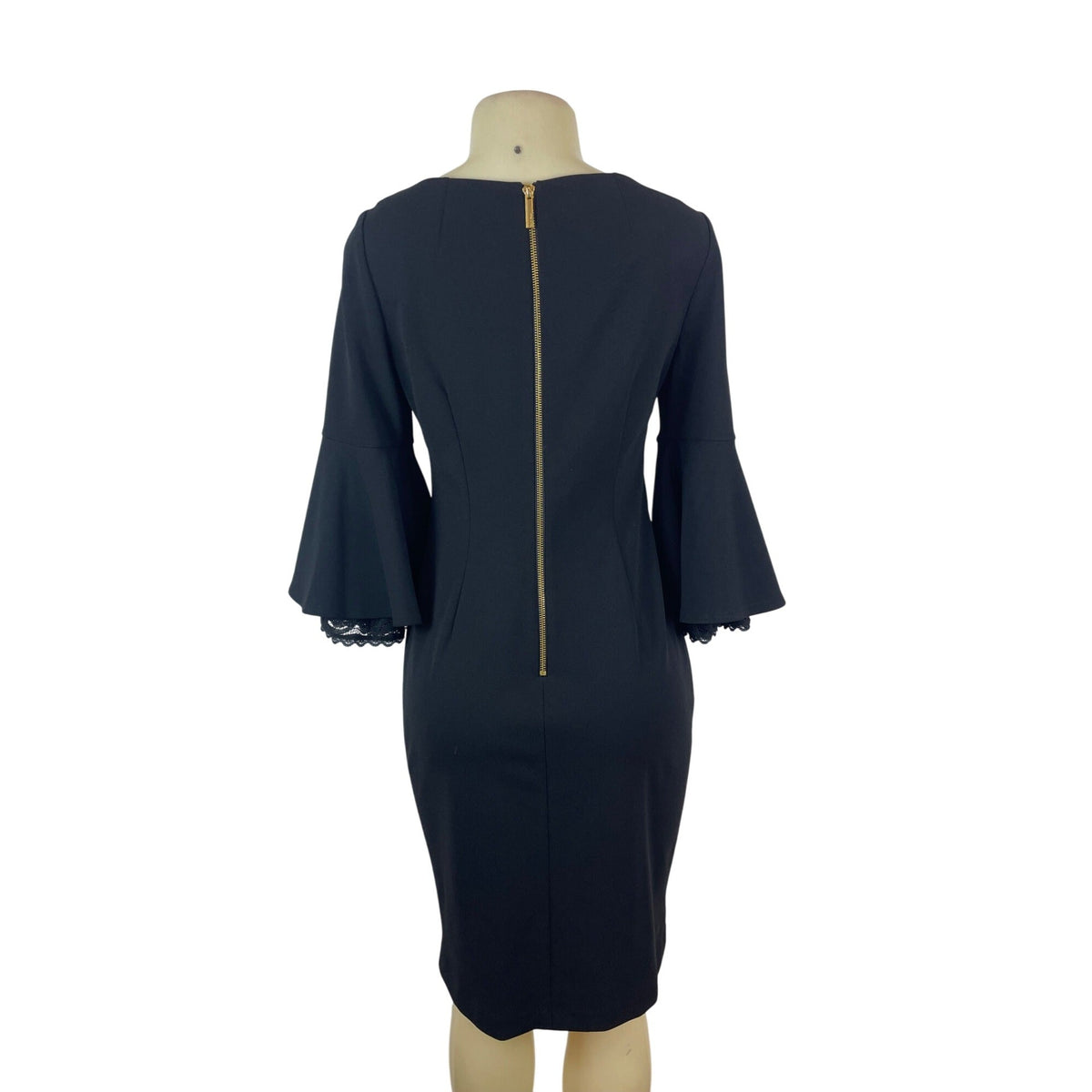 Calvin Klein Black Bell Sleeve Knee-Length Dress With Lace Trim Size 6