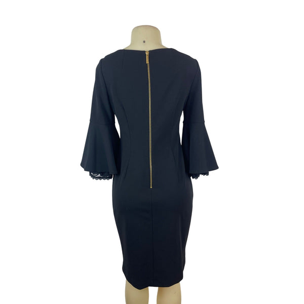 Calvin Klein Black Bell Sleeve Knee-Length Dress With Lace Trim Size 6