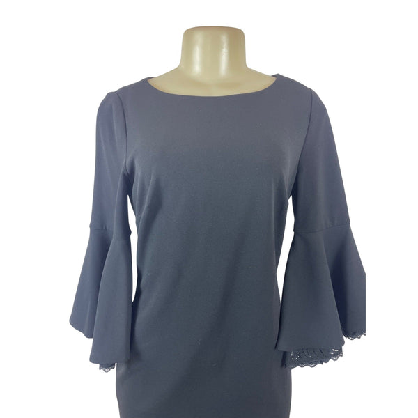 Calvin Klein Black Bell Sleeve Knee-Length Dress With Lace Trim Size 6