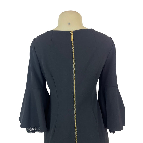 Calvin Klein Black Bell Sleeve Knee-Length Dress With Lace Trim Size 6