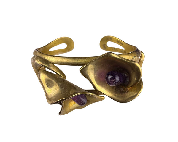 Vintage Mexico 950 Amethyst Gold Tone Cuff Bracelet Floral Design Adjustable