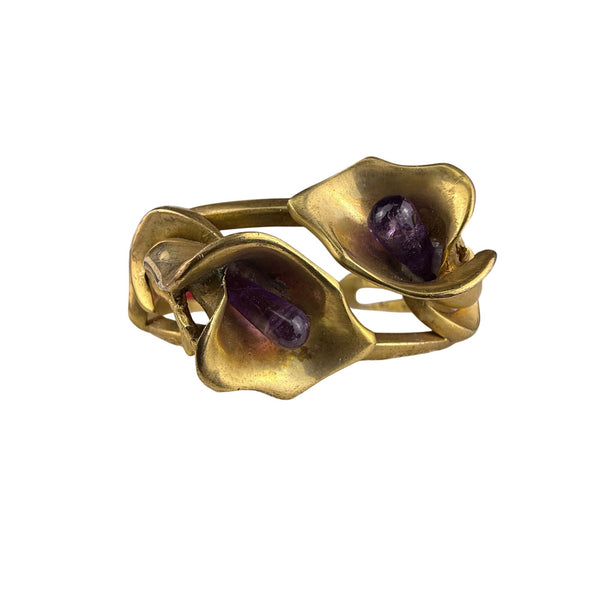Vintage Mexico 950 Amethyst Gold Tone Cuff Bracelet Floral Design Adjustable