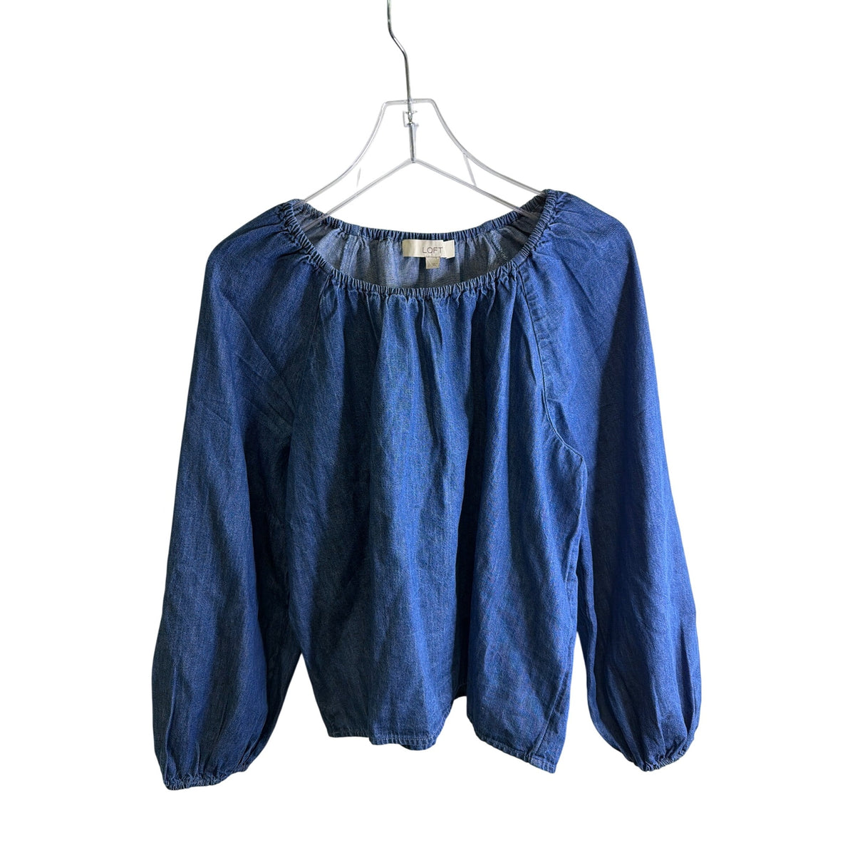 Loft Womens Blue Cotton Long Sleeve Elastic Neckline Denim Top Size L