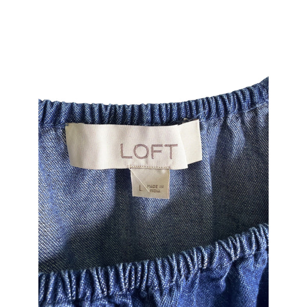 Loft Womens Blue Cotton Long Sleeve Elastic Neckline Denim Top Size L