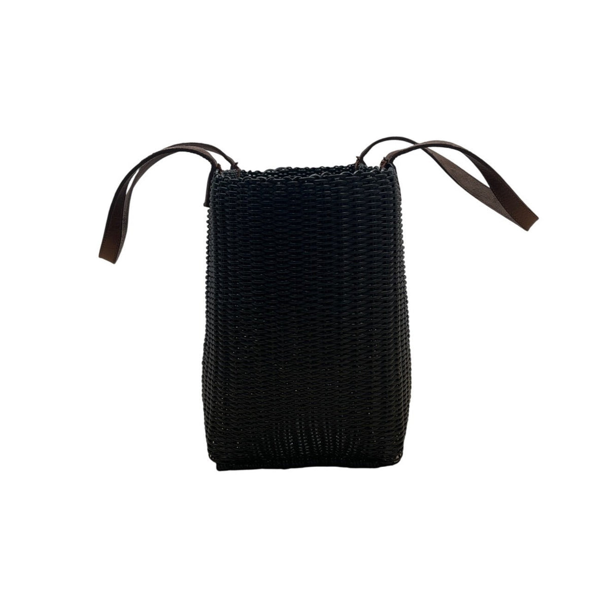 Fibra Black Woven With Brown Faux Leather Straps Tote Bag Sz L