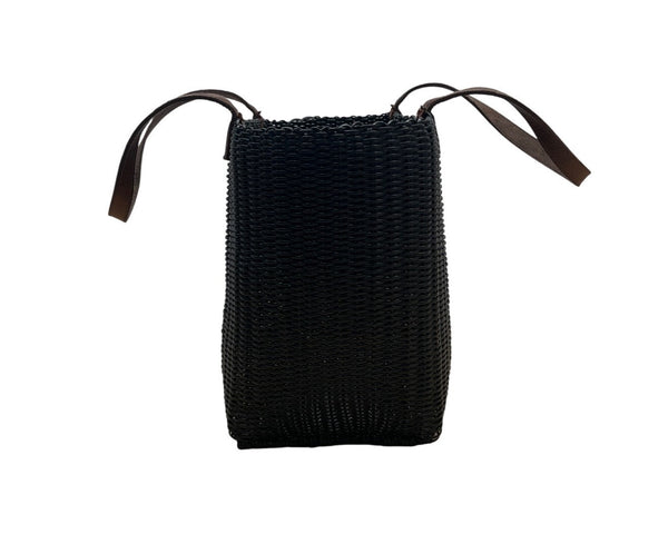 Fibra Black Woven With Brown Faux Leather Straps Tote Bag Sz L