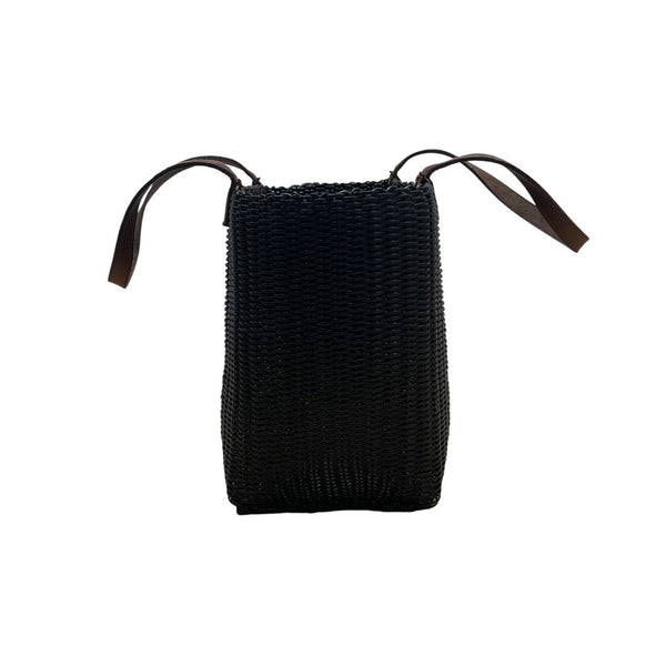 Fibra Black Woven With Brown Faux Leather Straps Tote Bag Sz L