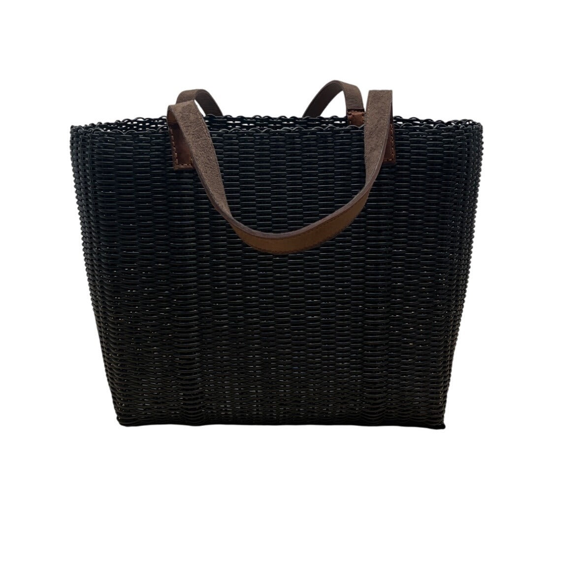 Fibra Black Woven With Brown Faux Leather Straps Tote Bag Sz L