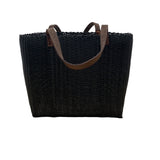Fibra Black Woven With Brown Faux Leather Straps Tote Bag Sz L