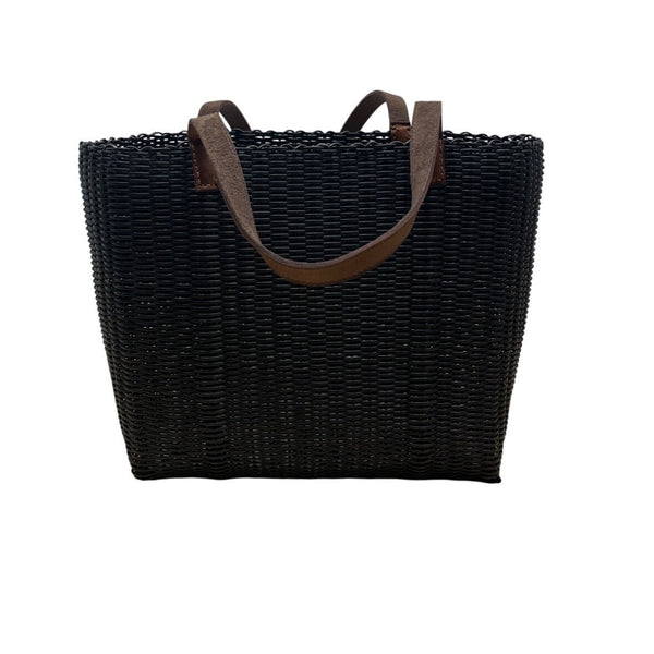 Fibra Black Woven With Brown Faux Leather Straps Tote Bag Sz L