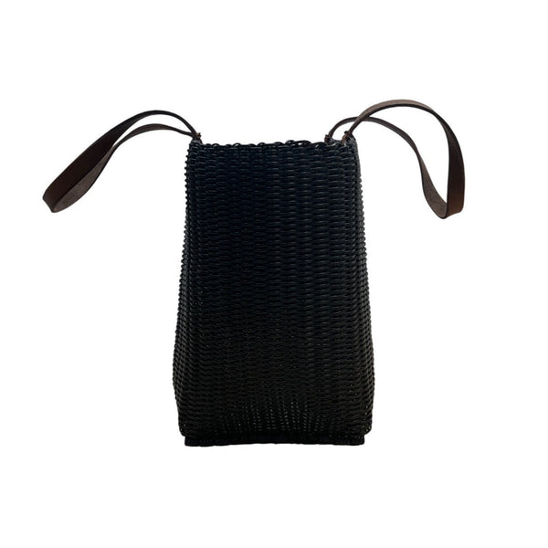 Fibra Black Woven With Brown Faux Leather Straps Tote Bag Sz L