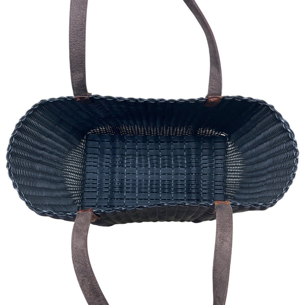 Fibra Black Woven With Brown Faux Leather Straps Tote Bag Sz L