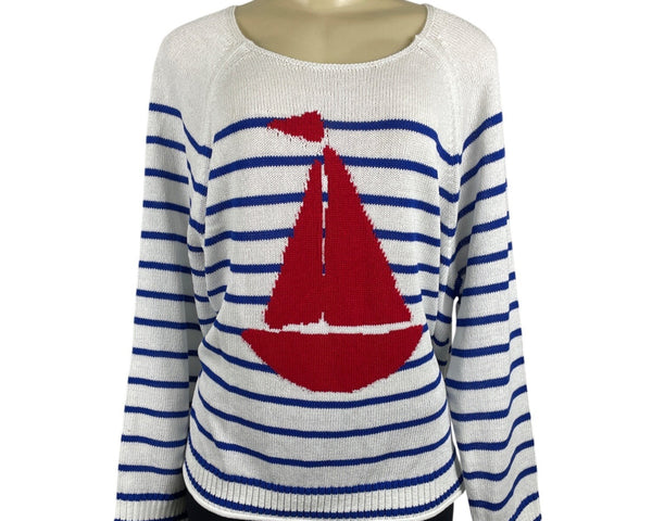 Loft Womens Striped White and Blue Sweater With Red Sailboat Size M - NWT