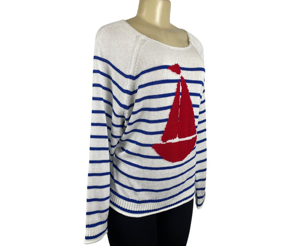 Loft Womens Striped White and Blue Sweater With Red Sailboat Size M - NWT