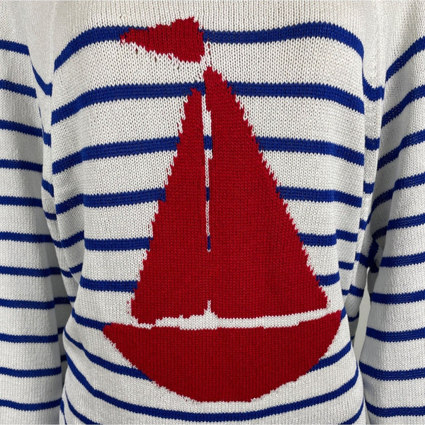 Loft Womens Striped White and Blue Sweater With Red Sailboat Size M - NWT