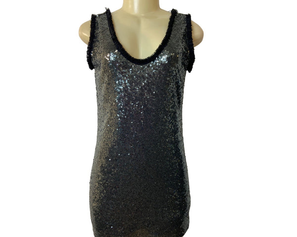Zara Women's Black and Smoke Metallic Sequin Shift Dress Sz XS