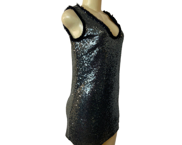 Zara Women's Black and Smoke Metallic Sequin Shift Dress Sz XS