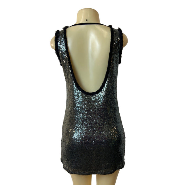 Zara Women's Black and Smoke Metallic Sequin Shift Dress Sz XS