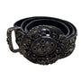 Vintage Black Floral Belt Silver Accents Ornate Buckle Adjustable Fit