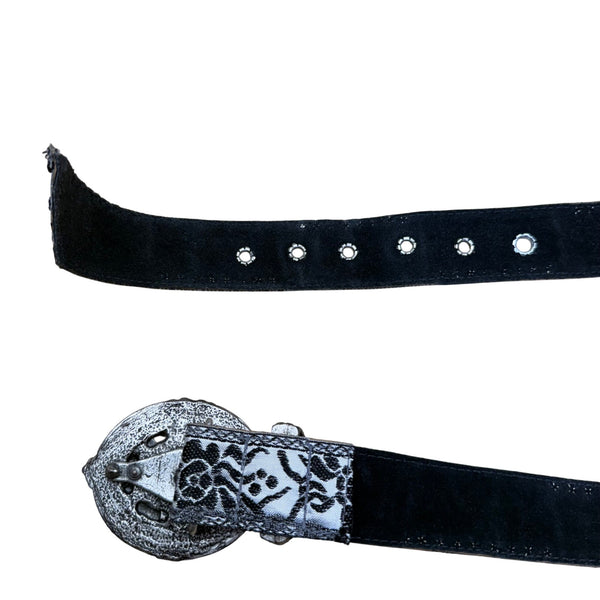 Vintage Black Floral Belt Silver Accents Ornate Buckle Adjustable Fit