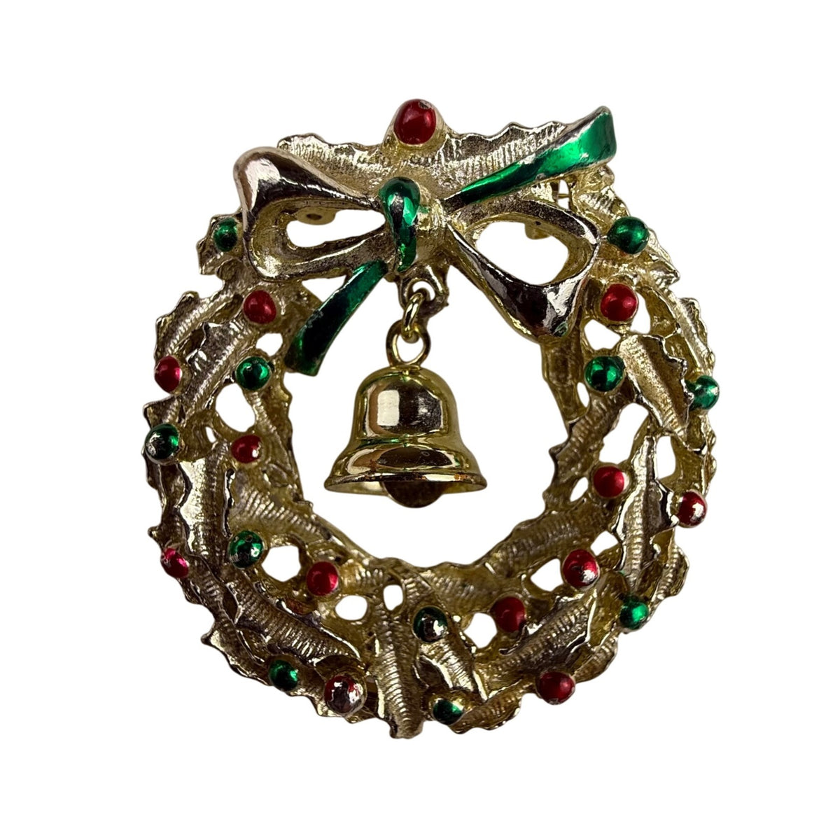 Vintage Unknown Womens Gold Tone Wreath With Bell Holiday Brooch Pin